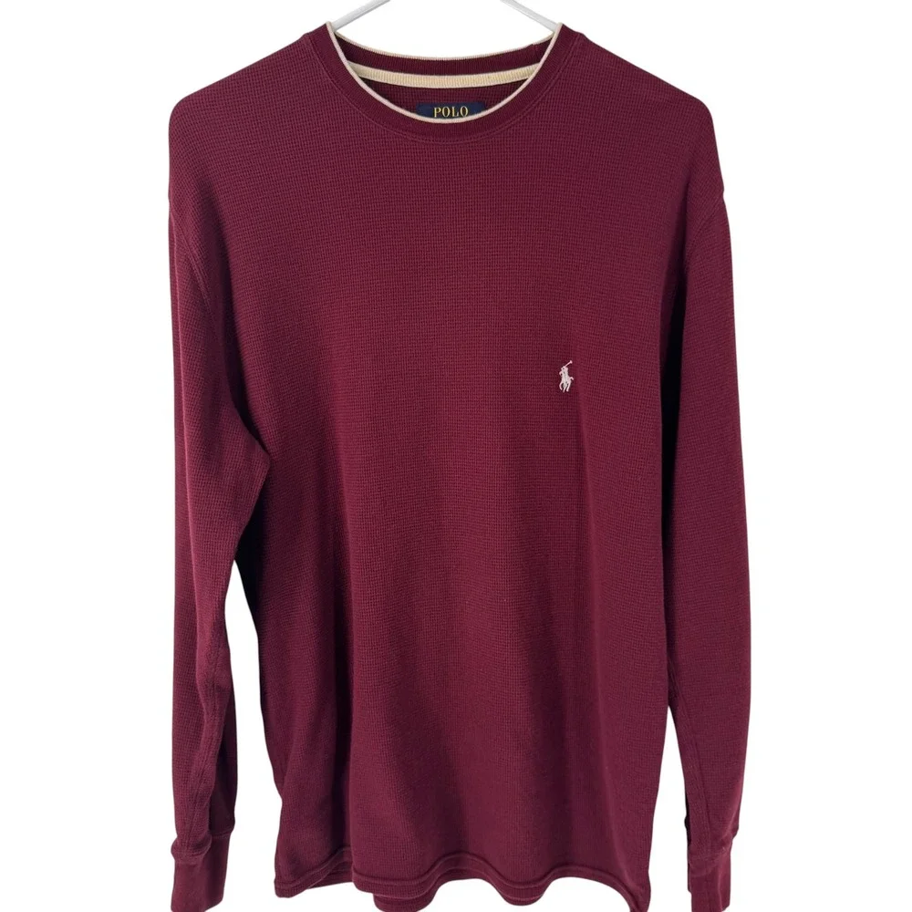 Polo Ralph Lauren Mens Burgundy Waffle Knit Thermal Long Sleeve Shirt Medium